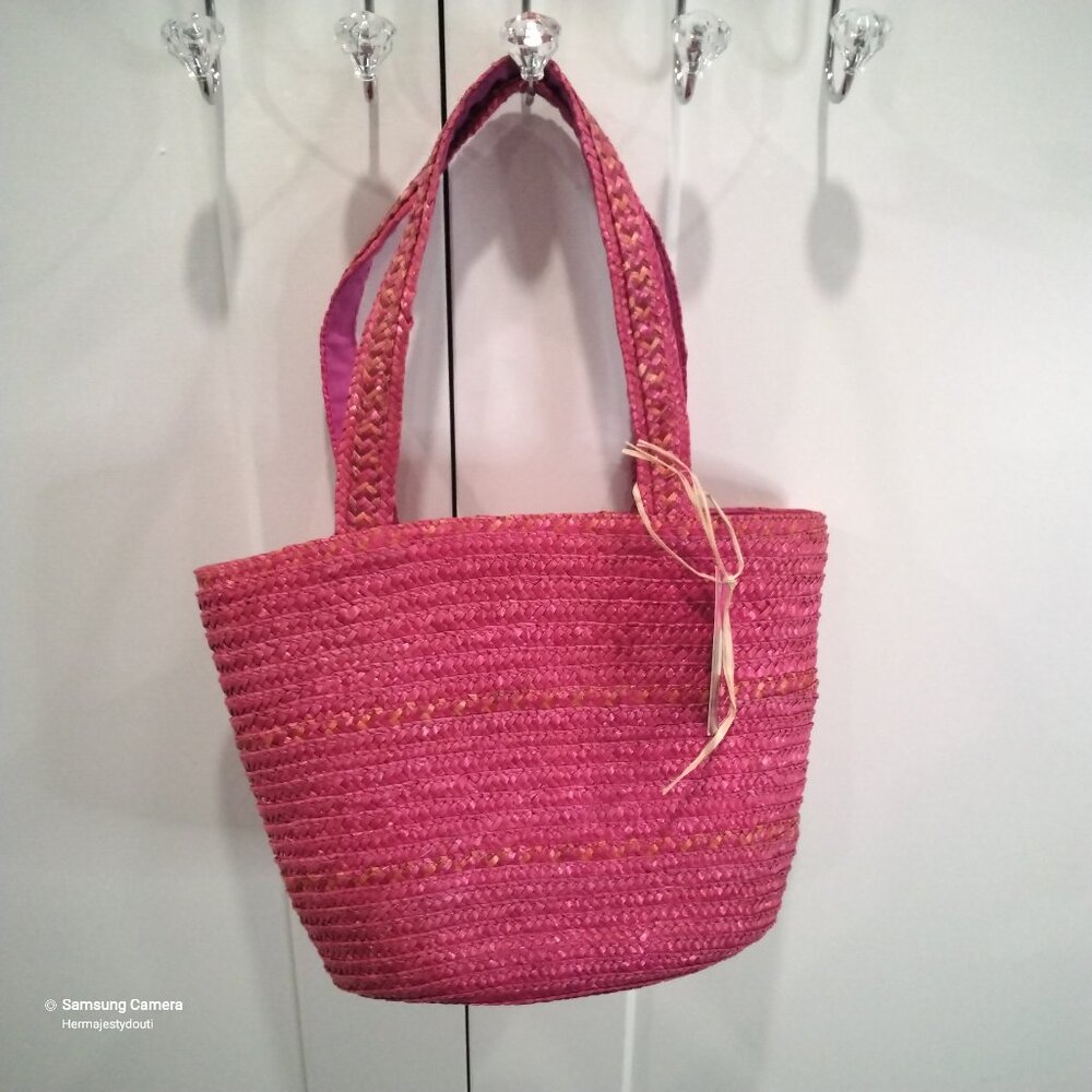 Sunny & Magid Fuchsia Straw Beach Bag 10" x 5" x 15" Deep 10" Dbl Strap Drop NWT